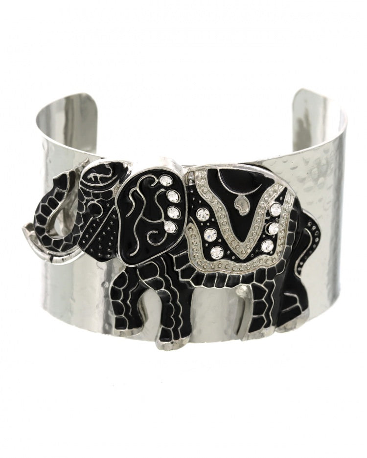 Black Elephant with Rhinestone Silver Cuff Bracelet