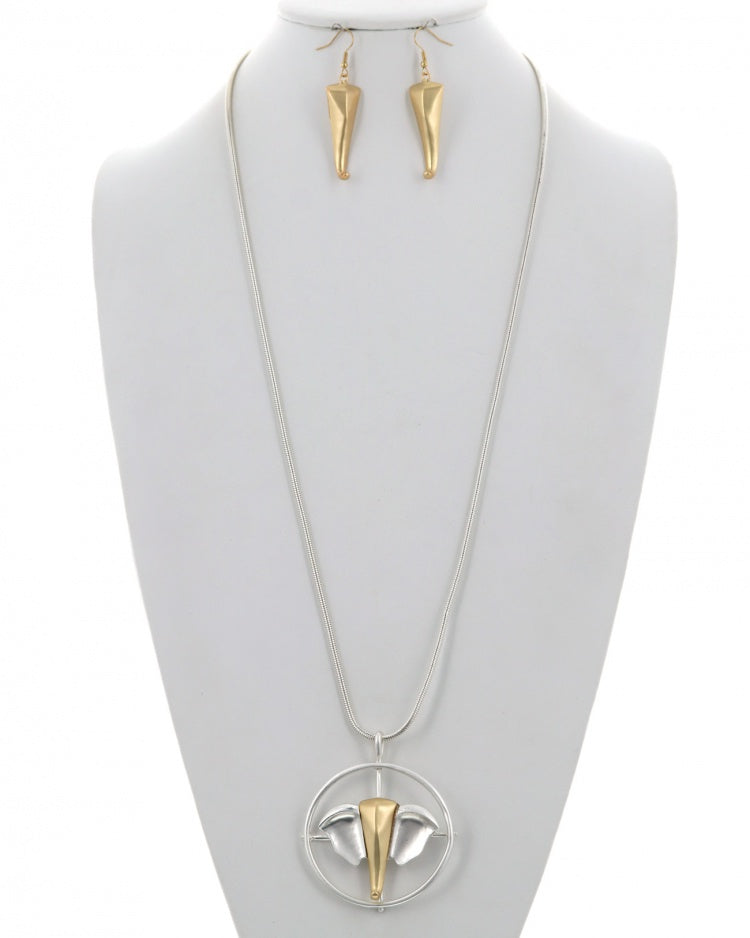 Silver and Gold Elephant Face Metal Pendant Long Necklace & Earring set