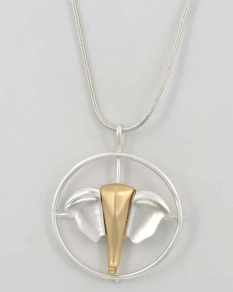 Silver and Gold Elephant Face Metal Pendant Long Necklace & Earring Set