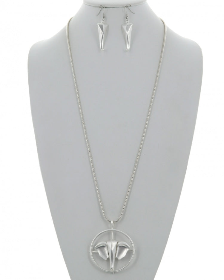 Silver Elephant Face Metal Pendant Long Necklace & Earring set