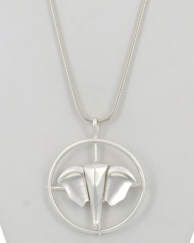 Silver Elephant Face Metal Pendant Long Necklace &  Earring Set