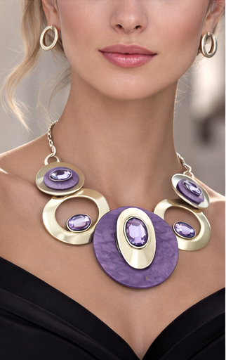 Exquisite Purple and Silver Bejeweled Statement Necklace & Earring Set