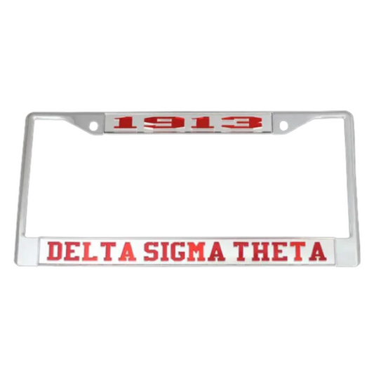 Delta Sigma Theta (DST) Chrome License Plate Frame w/Red Acrylic & Silver Greek Letters