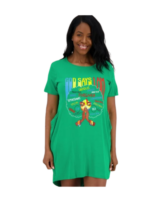 Woman wearing a green t-shirt with a graphic design on a white background
