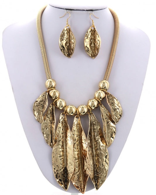Gold Leaf Hammered Metal statement Necklace/earring set