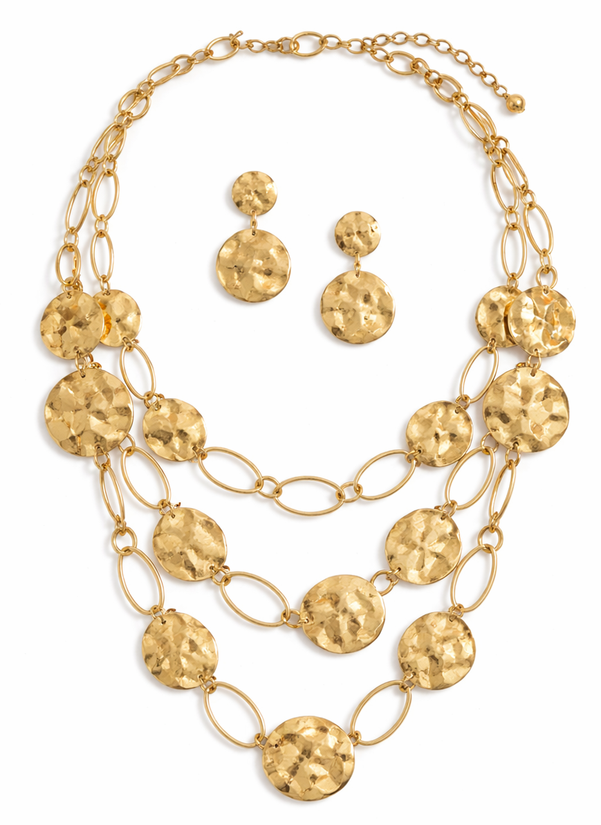 Gold Multi-Row Hammered Metal Necklace & Earring Set
