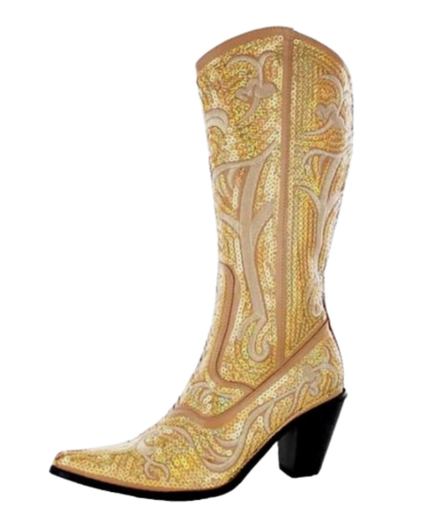 Gold Sequin Embroidered Western Boot with Zipper Closure
