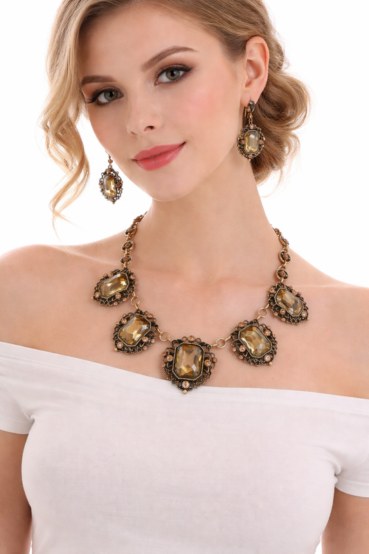 Gold & Black Crystal Statement Necklace & Earring Set