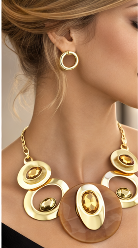 Gold & Brown Graduated Statement Necklace and Earring Set