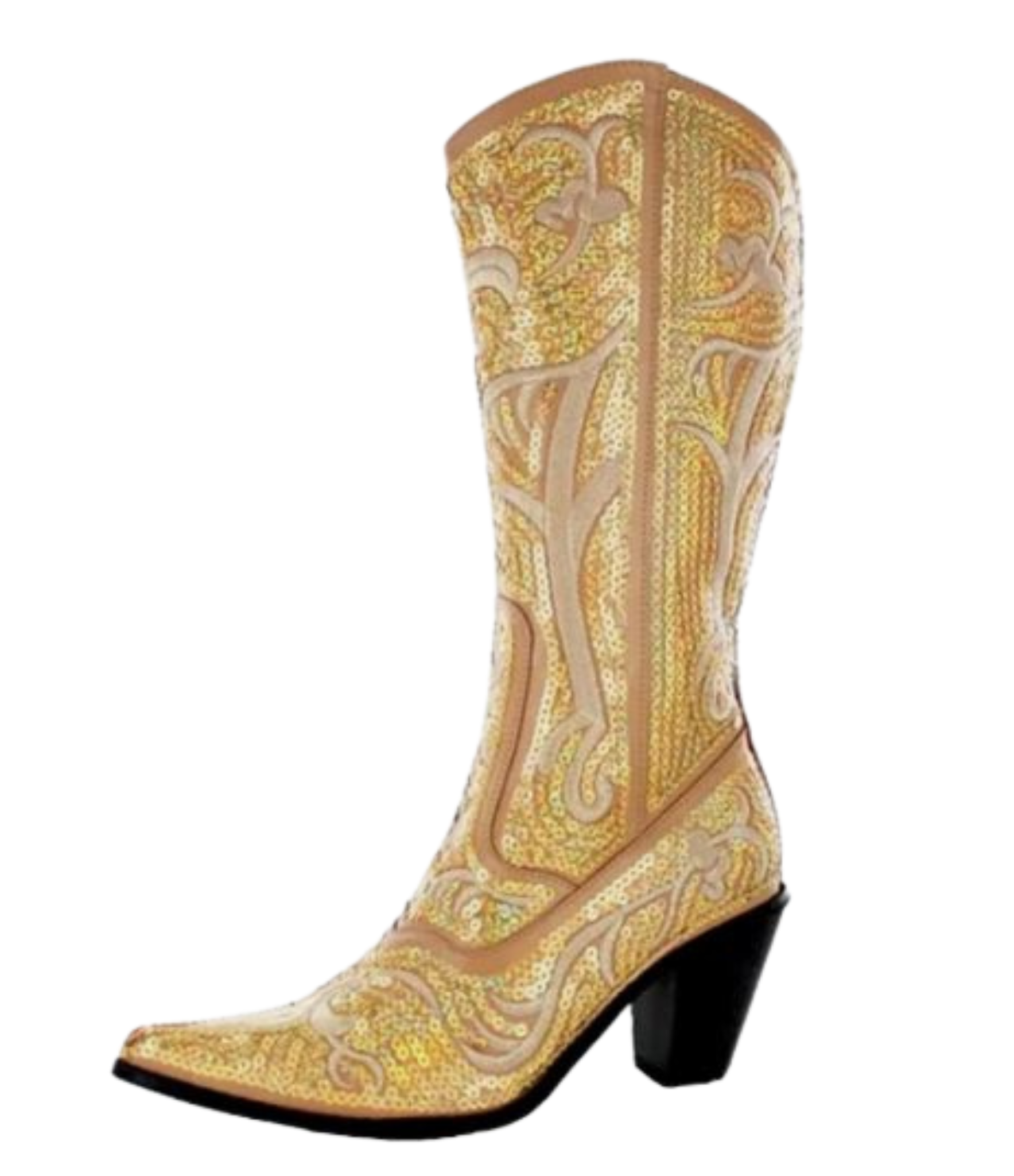 Gold Sequin Embroidered Western tall Boot with Zipper Closure