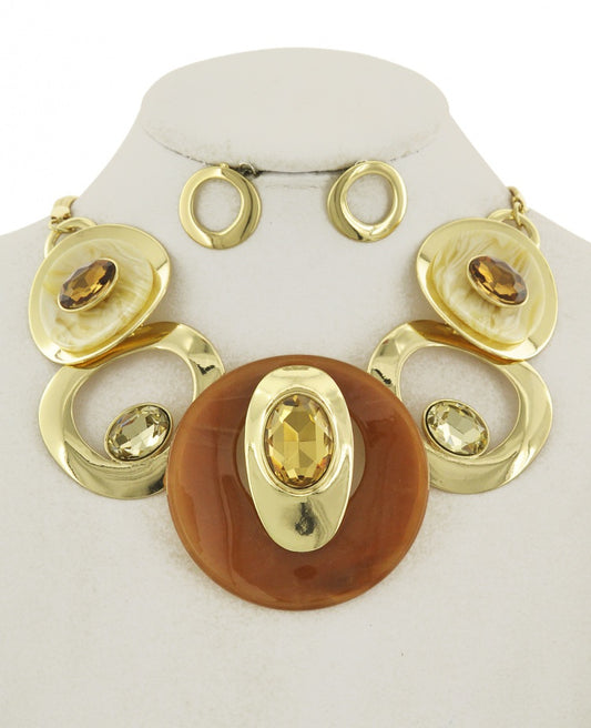Gold and Brown Acrylic Glass metal Statement Necklace/earring set