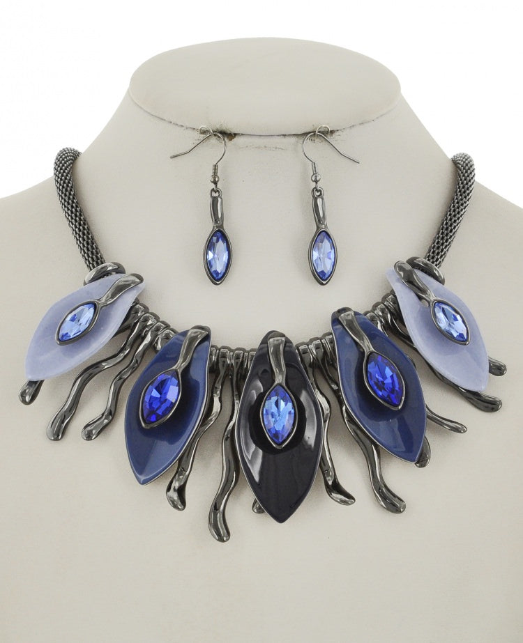 Blue Multi Row Graduating Acrylic Necklace and Earring set