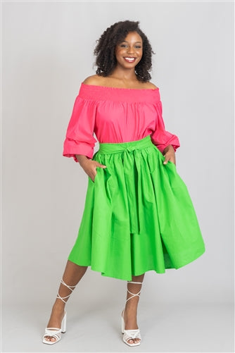 Green Midi Knee Length Skirt with Pockets and Head Wrap