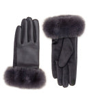 Grey Faux Leather Touchscreen Gloves with Faux Fur
