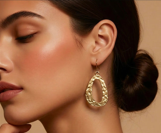 Hammered Matte Gold Oval Drop Earrings