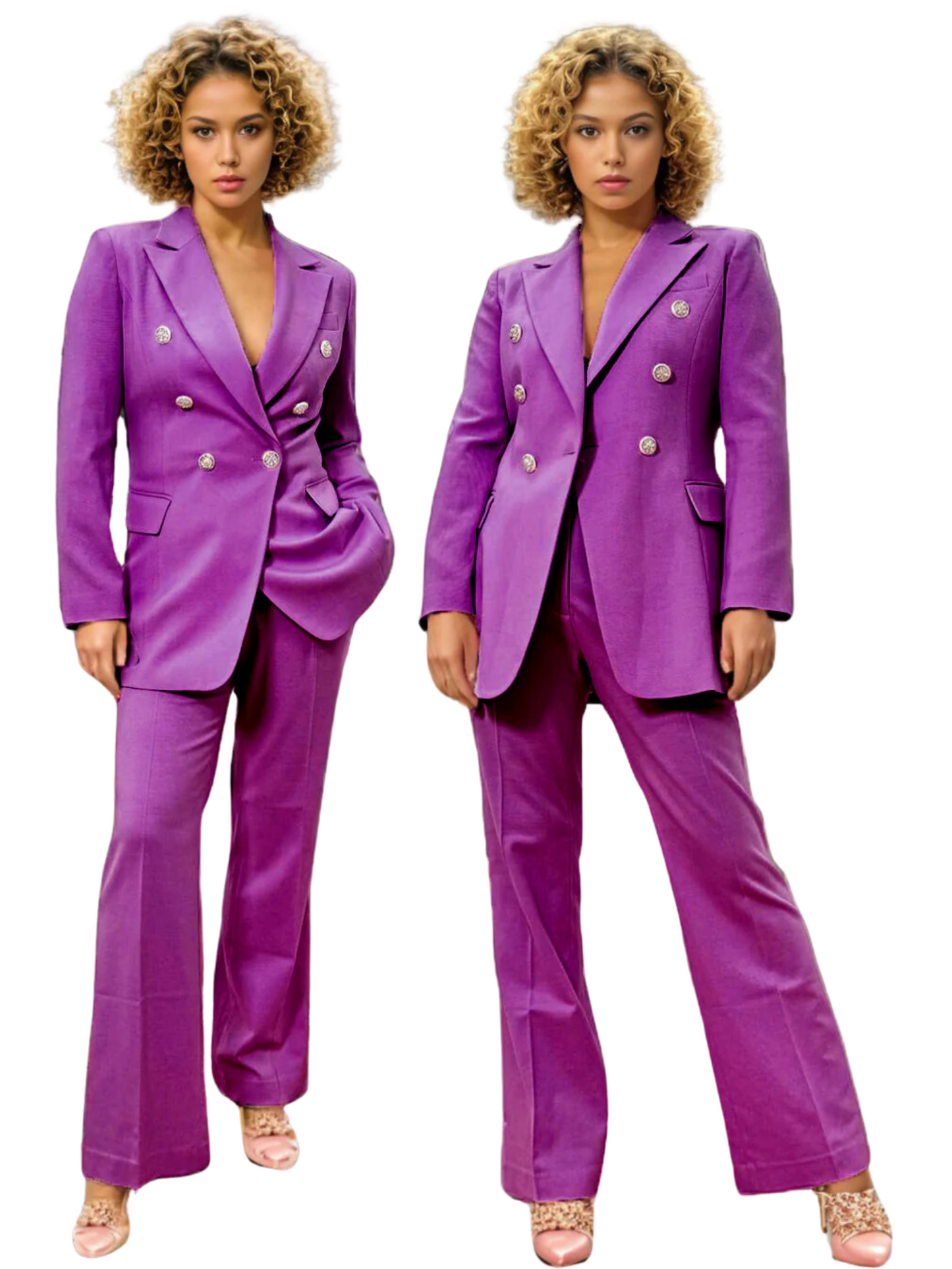 Purple Two-Piece Pant Suit with Gold Buttons