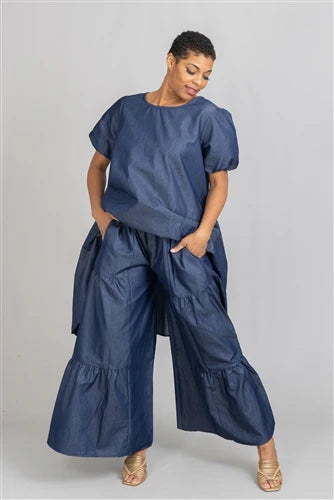 Denim Two-Piece Wide Leg Pant Set