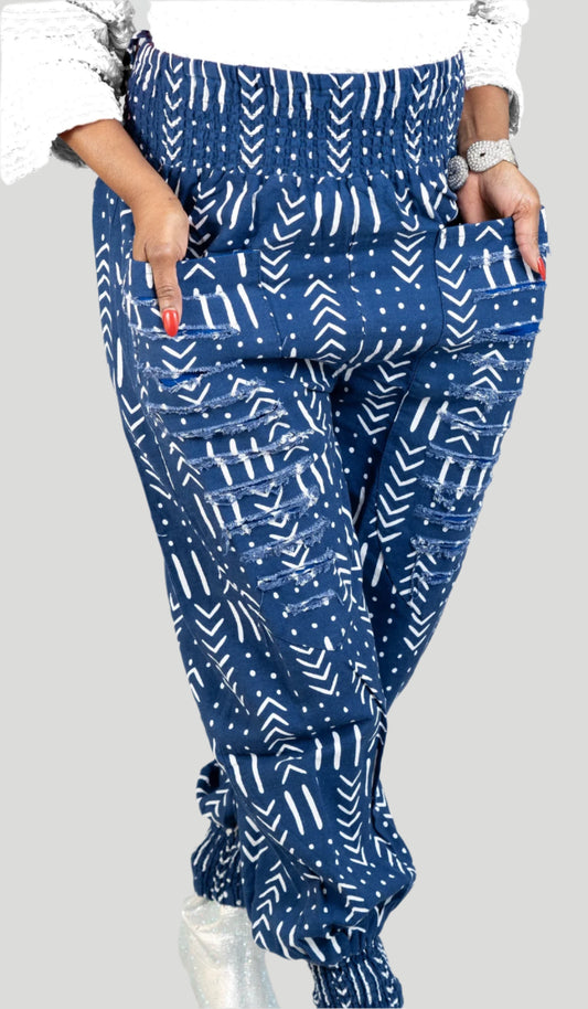 Navy and White African Print Jogger