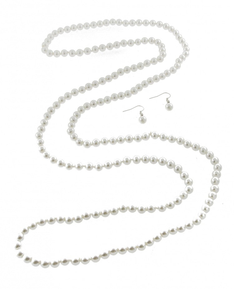 Long White Pearl Necklace & Earring set