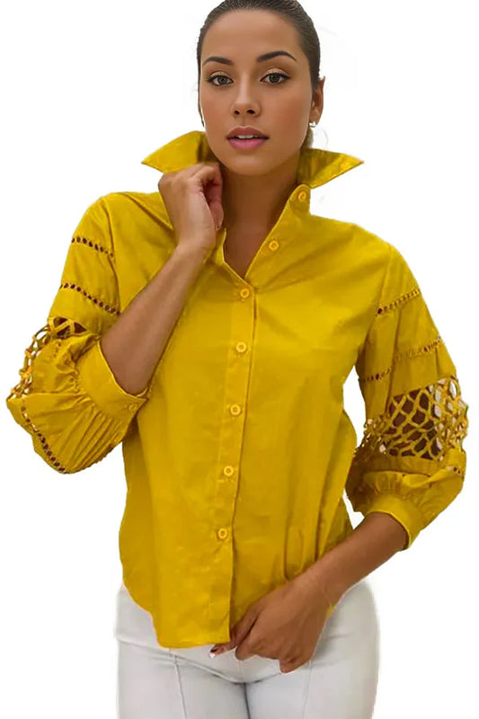Lattice Sleeve Mustard Blouse – Bold, Modern & Chic