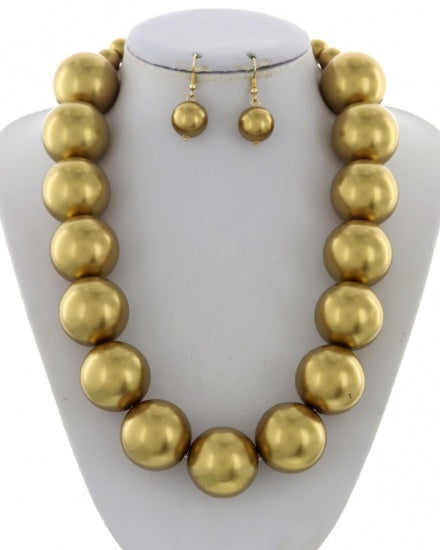 Matte Gold Oversized Bead Statement Necklace & Earring Set