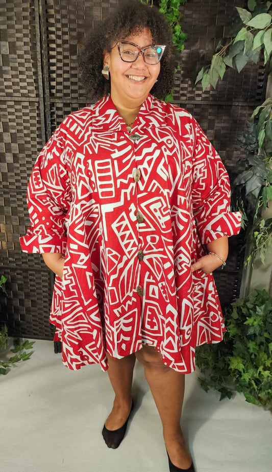 Red and White Authentic African Print A-line Tunic Dress with pockets