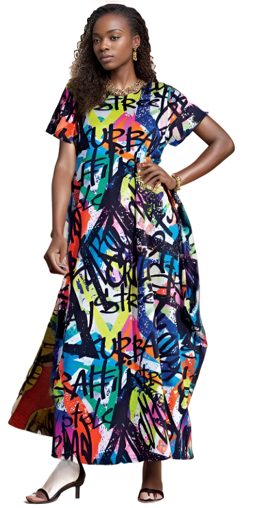 Multi-Color Maxi Dress with Pockets short sleeve