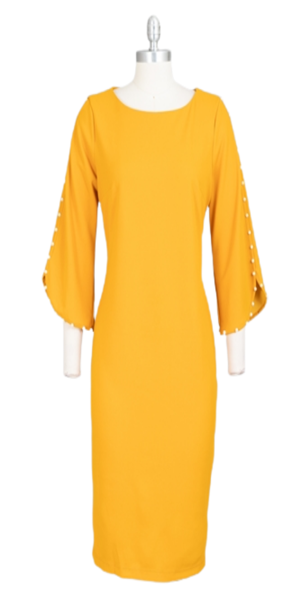 Mustard Scuba Crepe Dress With Pear Details