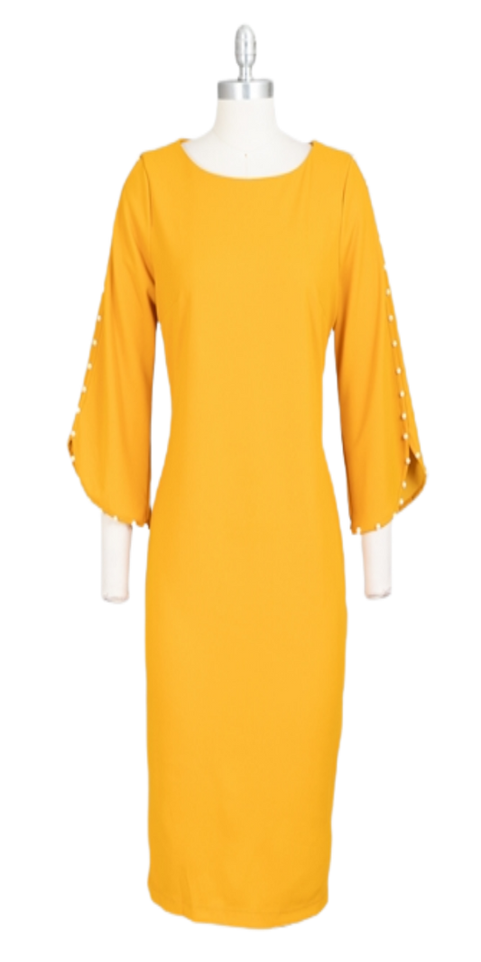 Mustard Scuba Crepe Dress With Pear Details