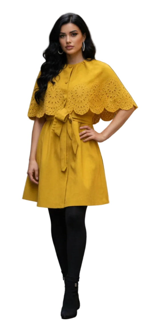 Mustard Capelet Eyelet Coat Dress with Self-Tie Belt