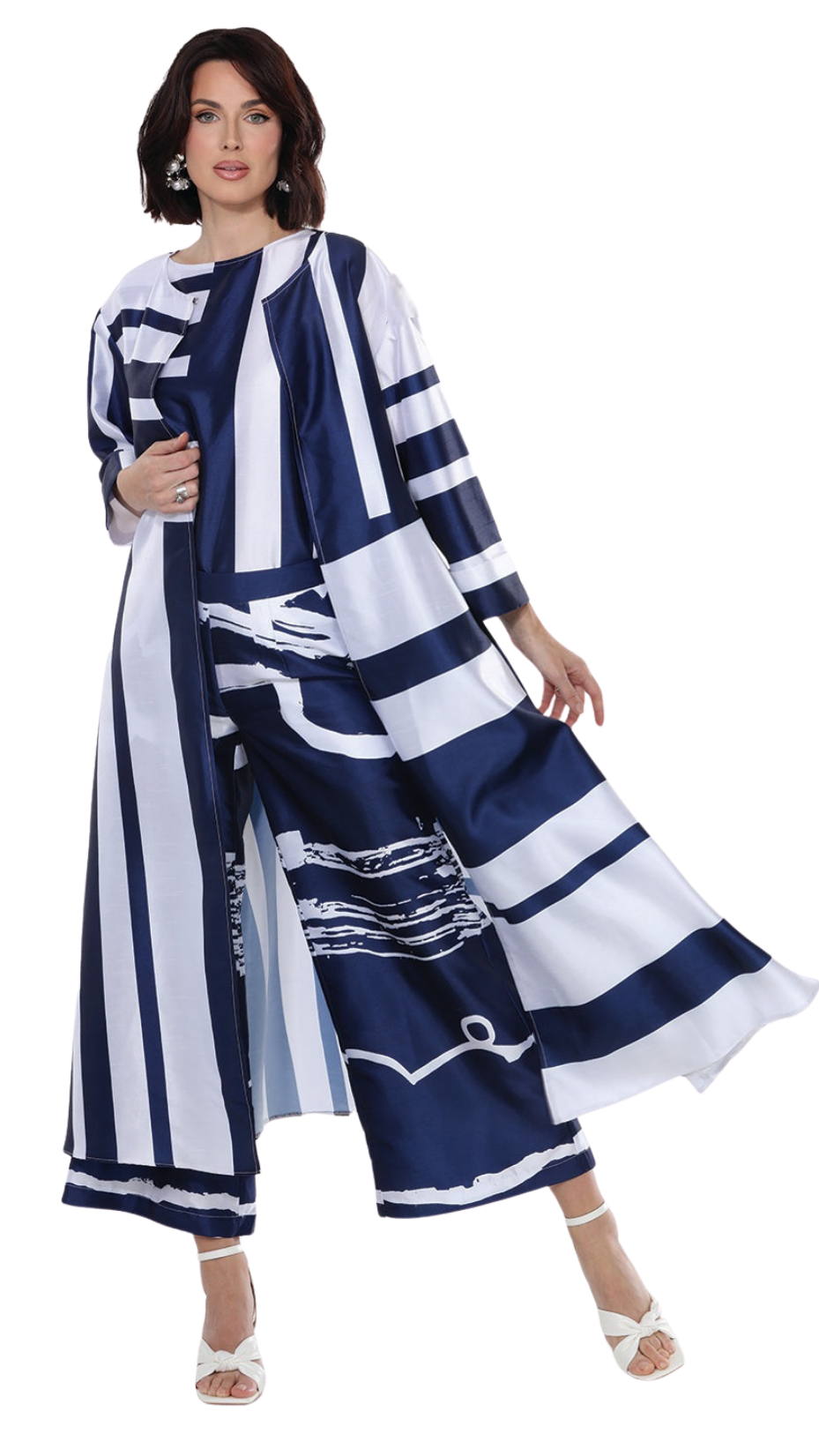 Navy & White 3-Piece Pant Set with Duster