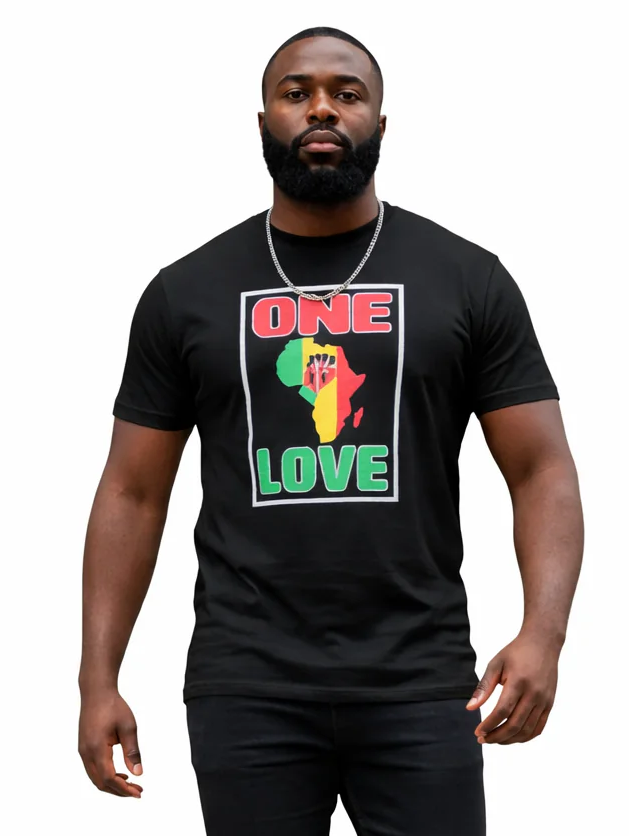 Man wearing a black t-shirt with colorful graphics and text on a white background