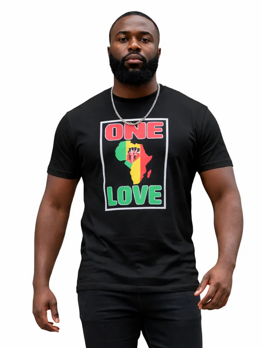 Man wearing a black t-shirt with colorful graphics and text on a white background