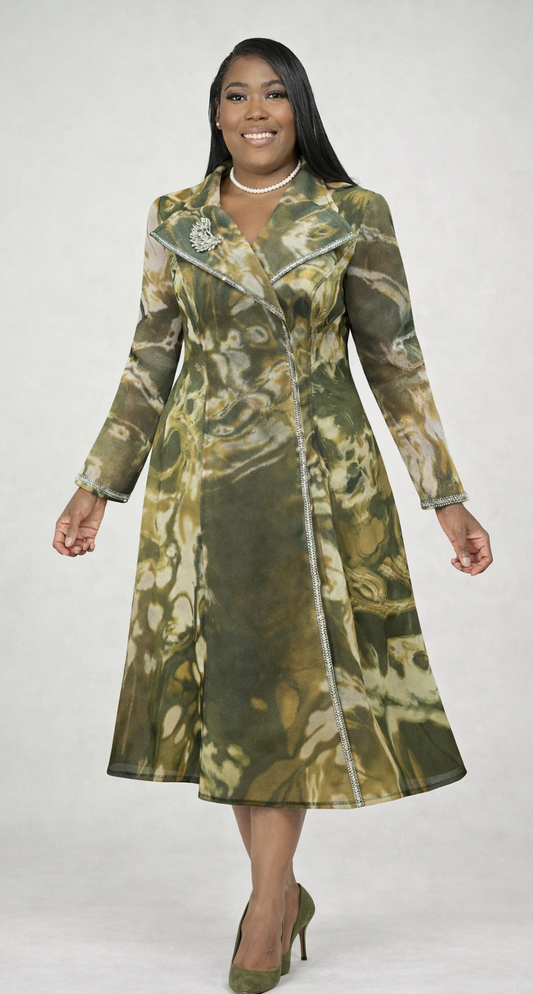 Woman wearing a green abstract coat dress with rhinestone trim on a white background