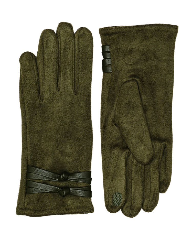 Olive Faux Suede Knot Wrist Touchscreen Gloves