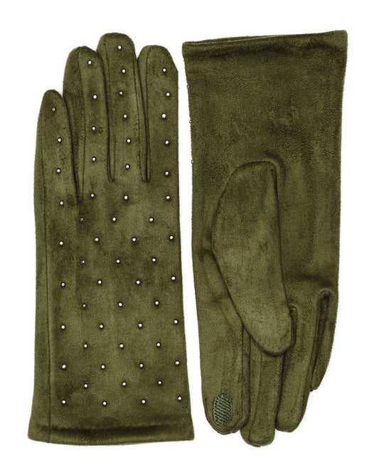 Olive Green Rhinestone Touchscreen Gloves