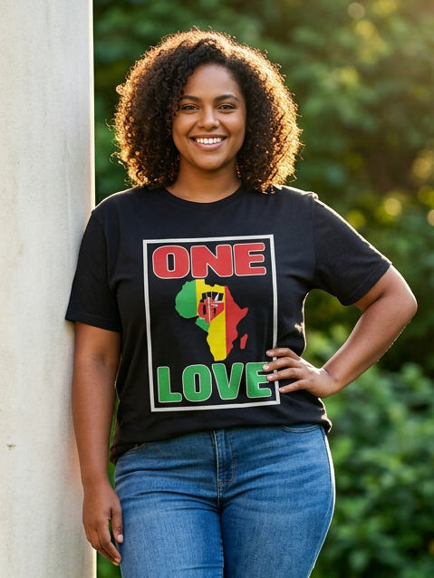 Woman wearing a 'One Love' t-shirt With the black power fist inside Africa standing outdoors near a column with greenery in the background