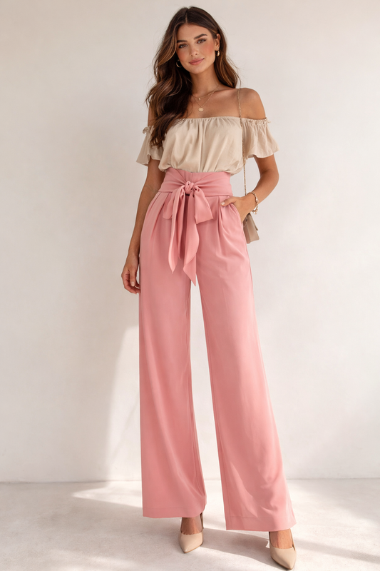 Peach High-Waist Palazzo Pants with Tie Belt