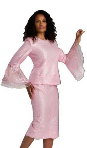 Baby Pink Lace Two Piece with a Bell Sleeved Skirt Suit