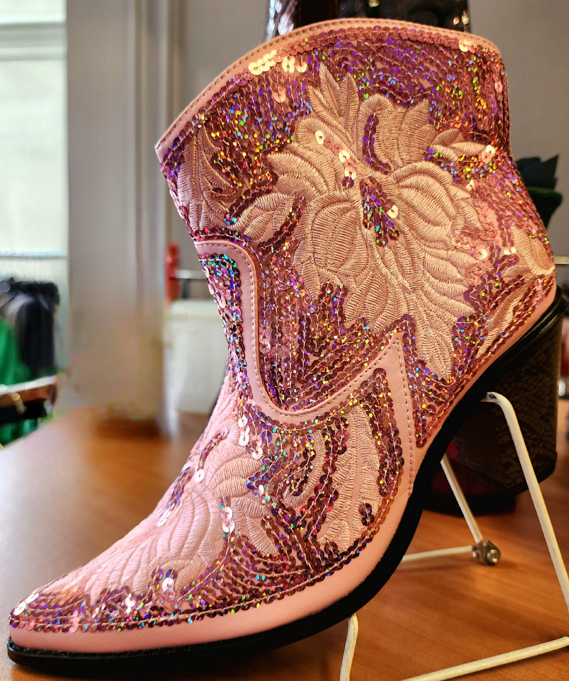 Pink Sequin Embroidered Bling Western boots with zipper closure