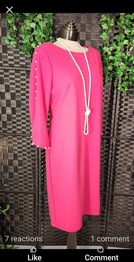 Pink Scuba Crepe Dress with Pearl Embellished Sleeves | Elegant Formal Wear