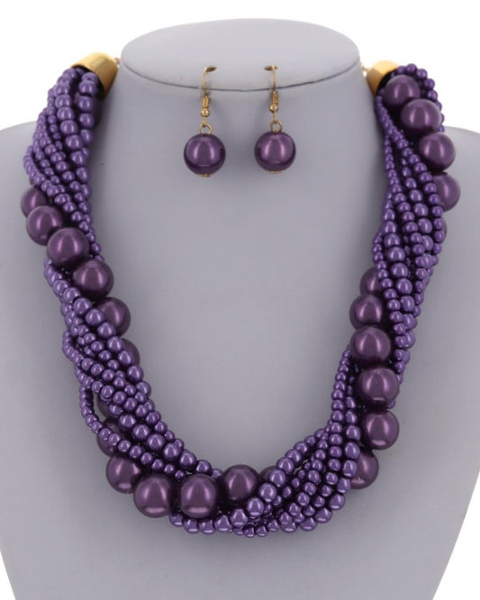  Purple Multi Strand/Multi Size Pearl Statement Necklace & Earring Set