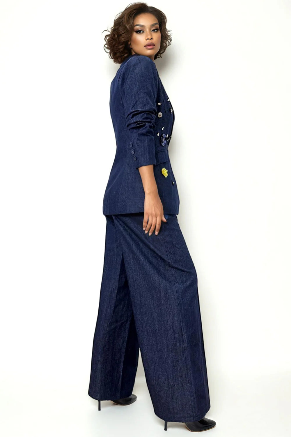 Denim Blue Ruched Sleeve Pant Suit – Chic & Tailored Two-Piece Style
