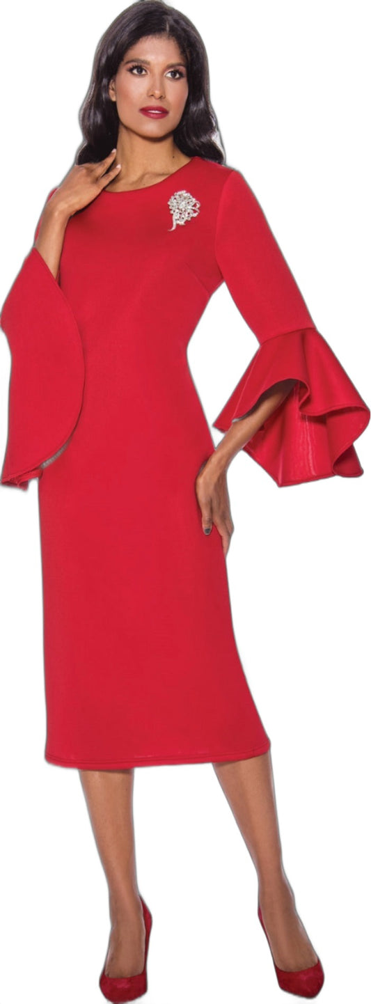 Red Bell Sleeved Dress with Removable Silver Broach