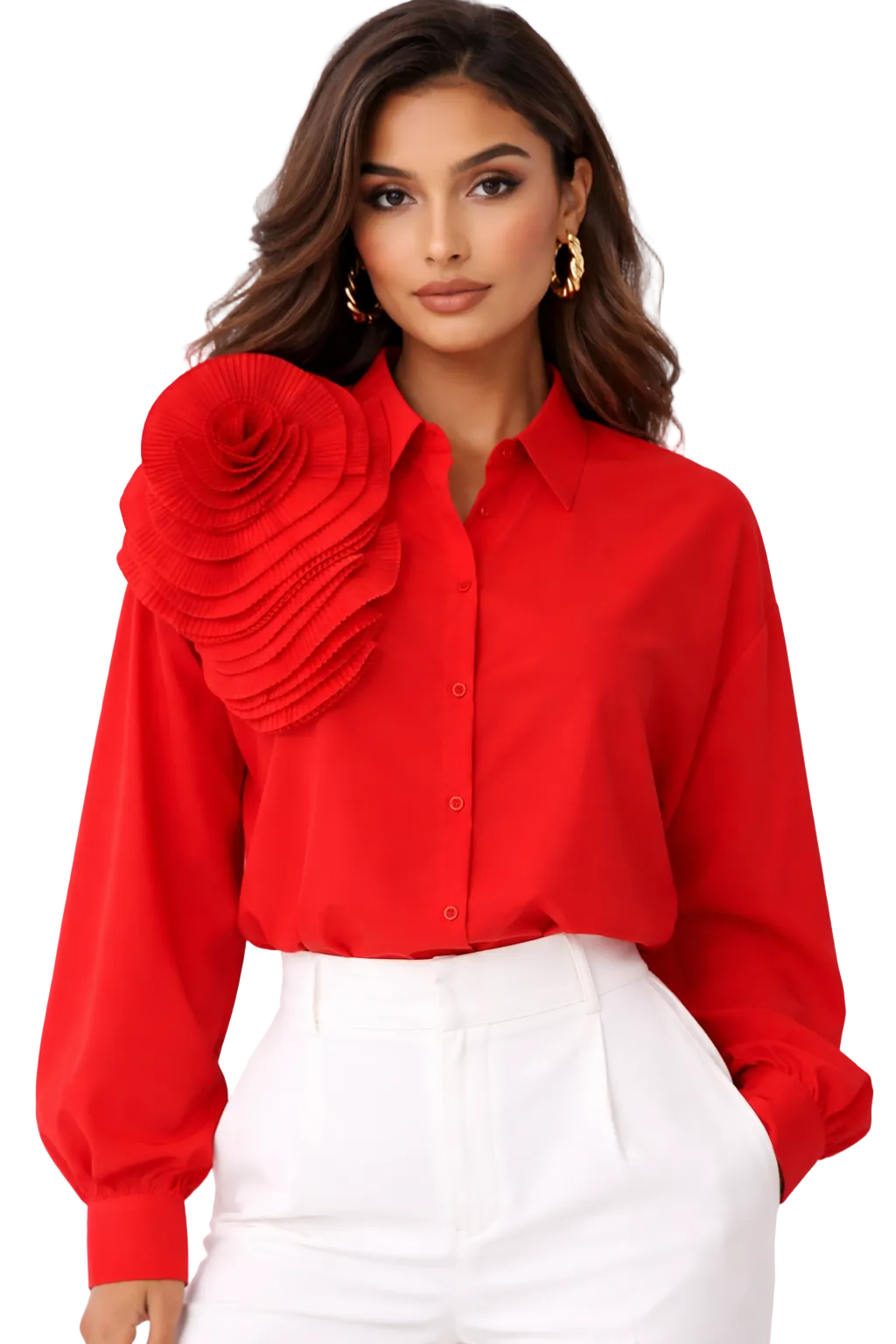 Red Statement Blouse with Sculptural Floral Detail