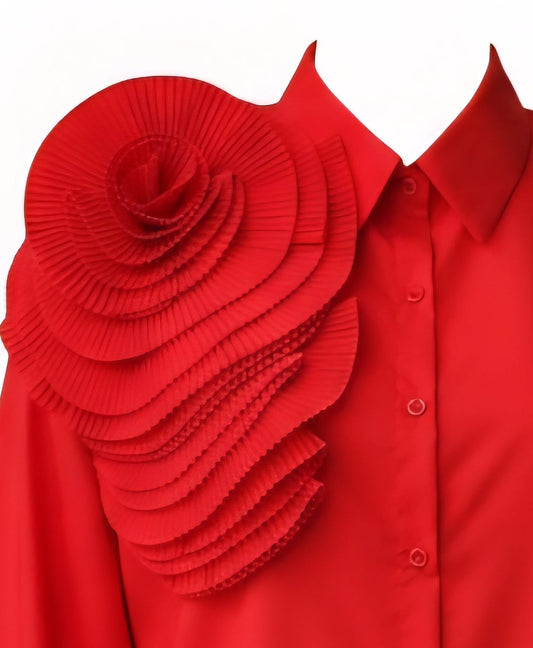 Red Statement Blouse with Sculptural Floral Detail