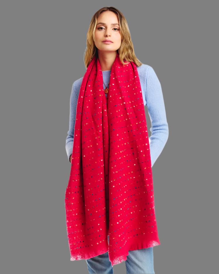 Red with Multi Color Dot Stripe Oblong Scarf