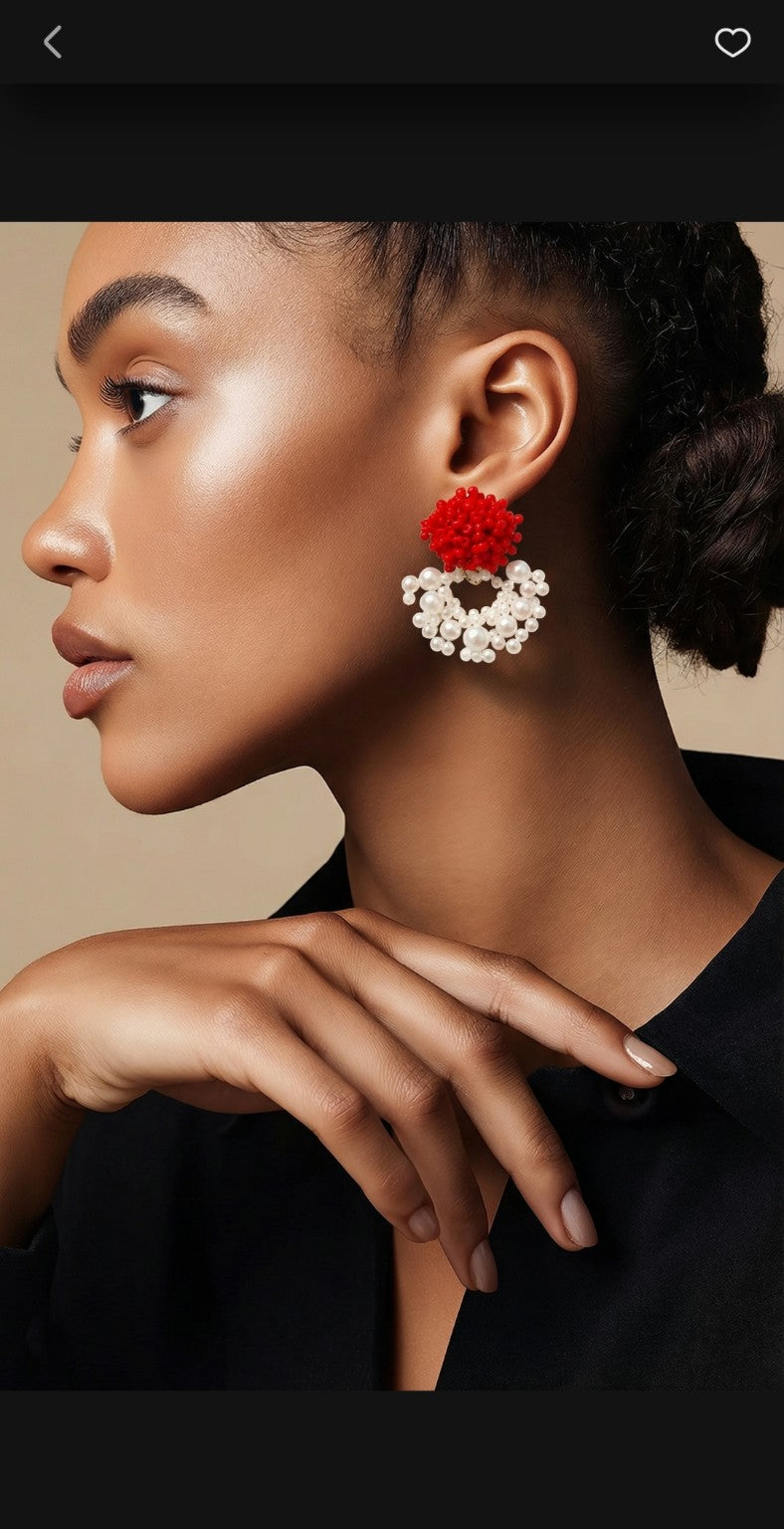 Red & Pearl Beaded Circle Statement Earrings