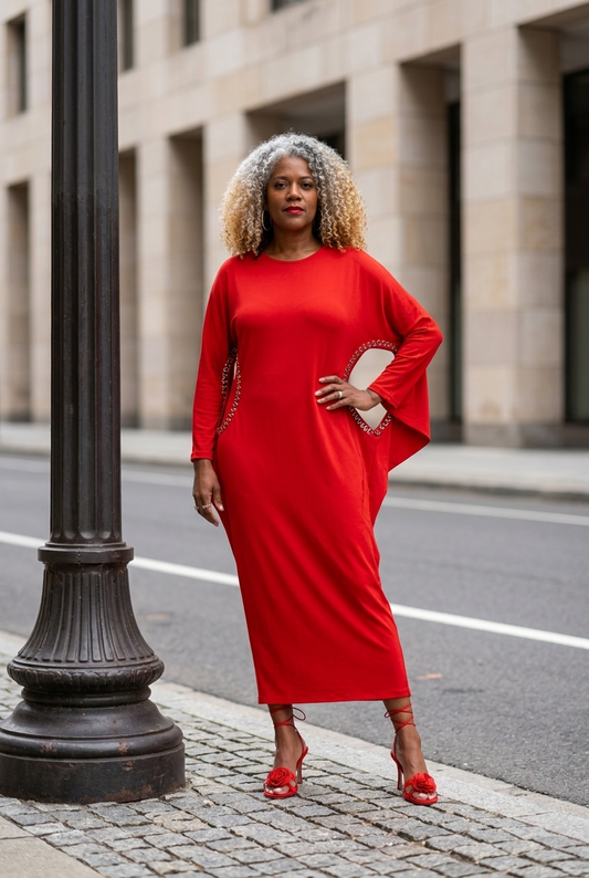 A woman stands on a city sidewalk wearing a bright red long-sleeve midi dress with flared bell sleeves and silver chain detailing along the side seams. She is posing next to a black lamppost with a blurred stone building and street in the background.