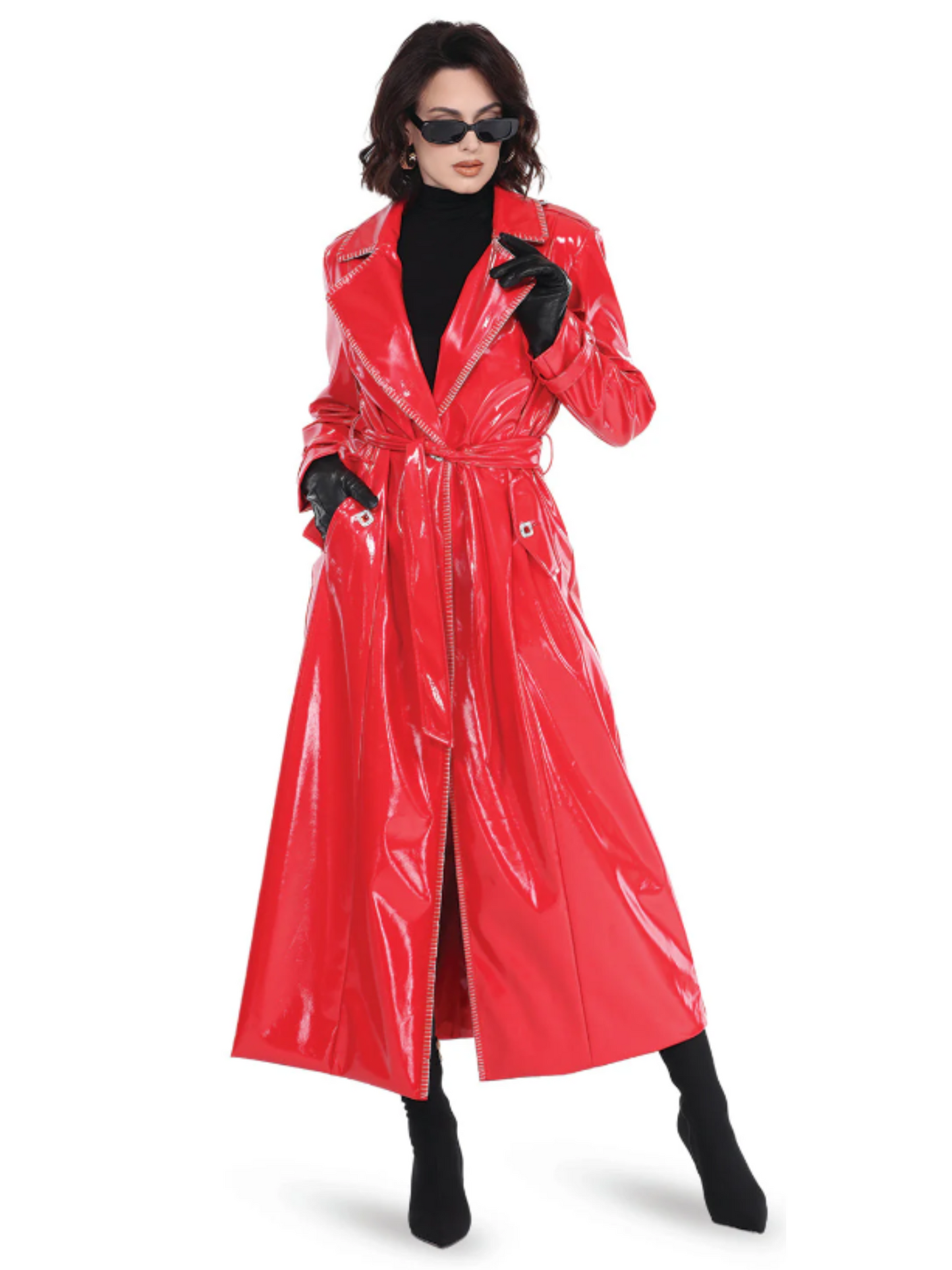 Red faux Leather Trench Coat Belt included